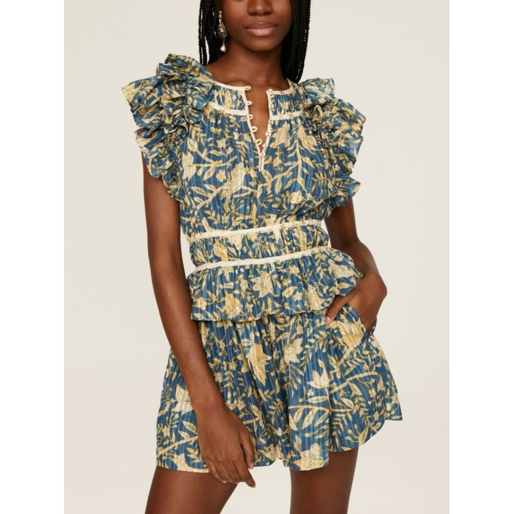 Ulla Johnson Endah Playsuit Floral Ruffle Tiered Romper Size 4 w/ Pockets